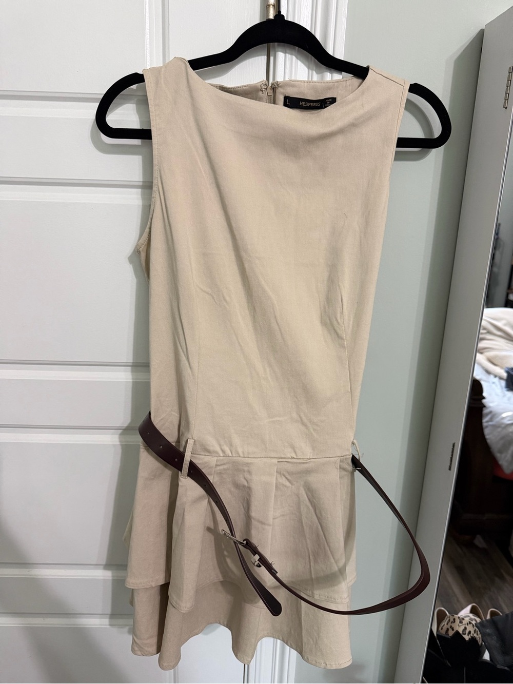 Sleeveless Beige Peplum Dress with Belt